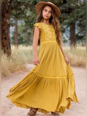 RETIRED! Joyfolie Viola Lace Long Dress in Mustard Yellow Girls Size 7 NWT